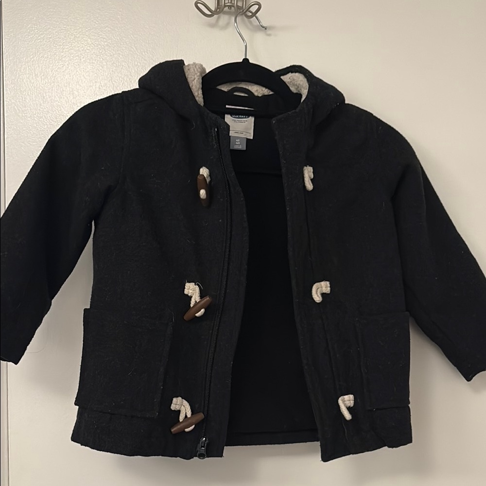 Black Pea Coat with Lined Hood and Toggle Closures